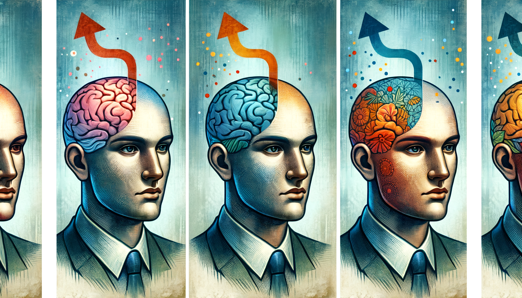 Tres cabezas representando los tipos de pensamiento: convergente, divergente y lateral, con flechas que demuestran el flujo de ideas desde cada tipo de pensamiento.